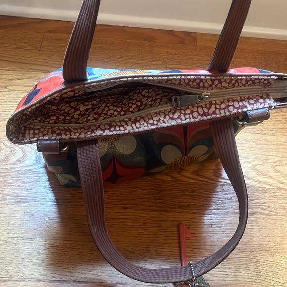 Fossil Key-Per Leather Trim Shoulder Boho Tote Vibrant Flowers - Picture 5 of 9